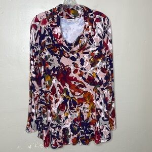 LOGO Top JOANNA Ruffle Hem Cowl Neck Soft  Stretchy Tunic Style Popover Large